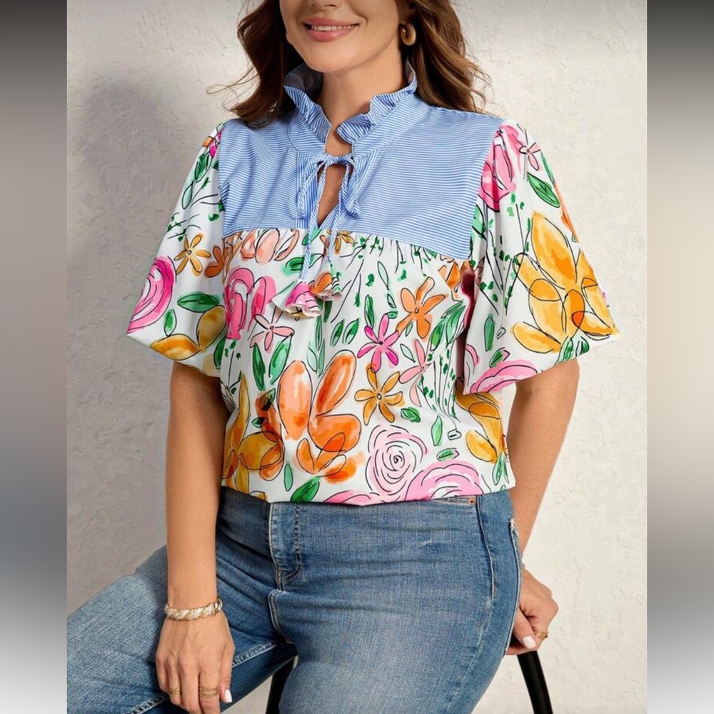 Floral and Plaid Color Block Tie Neck Blouse